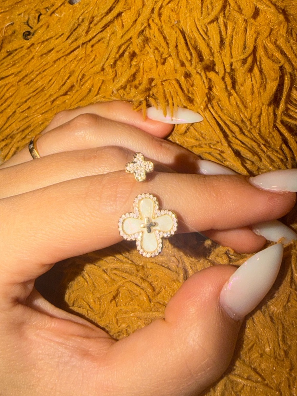 Gold Clover Open Ring with White Enamel Accents